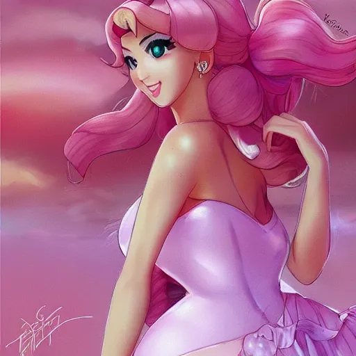 Image similar to beautiful princess peach in a skintight pink satin prom dress on the beach drawn by artgerm