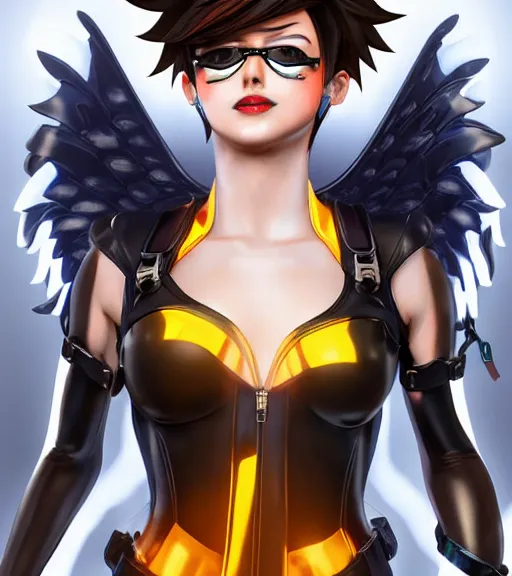 Prompt: portrait bust digital artwork of tracer overwatch, wearing black iridescent rainbow latex, 4 k, expressive happy smug expression, makeup, in style of mark arian, angel wings, wearing detailed black leather collar, chains, black leather harness, detailed face and eyes,