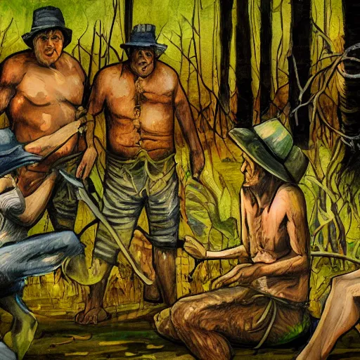 Image similar to the people of the swamp are eating together, expressionistic masterpiece painting, beautiful brush strokes, advanced lighting technology, realistic faces and anatomy yet stylized