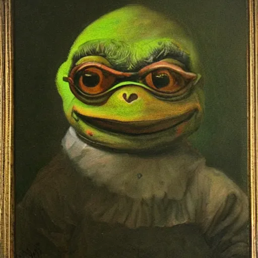 Prompt: an old portrait of Pepe the frog from 4chan, painted by Rembrandt van Rijn