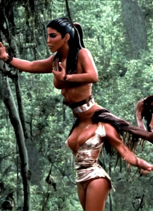 Image similar to film still of kim kardashian being held up in the air by predator in the movie predator.