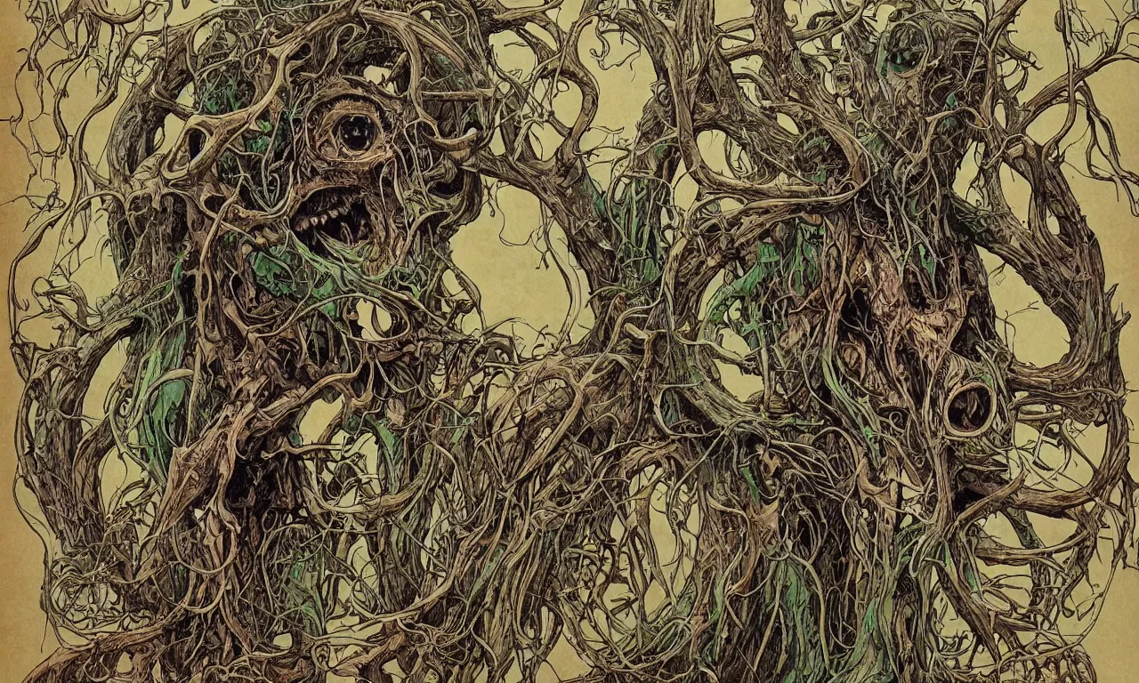 Image similar to hyperdetailed art nouveau portrait of treebeard as a cthulhu eyeball moose skull wendigo cryptid monster, by geof darrow, simon bisley and bill sienkiewicz, grim yet sparkling atmosphere, photorealism, claws, skeleton, antlers, fangs, forest, wild, crazy, horror, lynn varley, lovern kindzierski, steve oliff