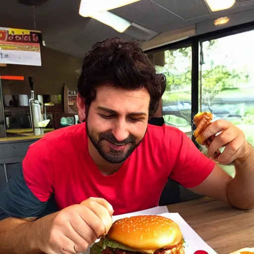 Prompt: a real man eating a real burger in real life