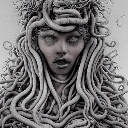 Image similar to very sad medusa, crying, tubular creature, blood vesels, no face, dystopian surrealism, art style botticelli alex ries giger zdzisław beksinski, symmetry accurate features, snake hair, stone marble, very intricate details, high resolution, high quality