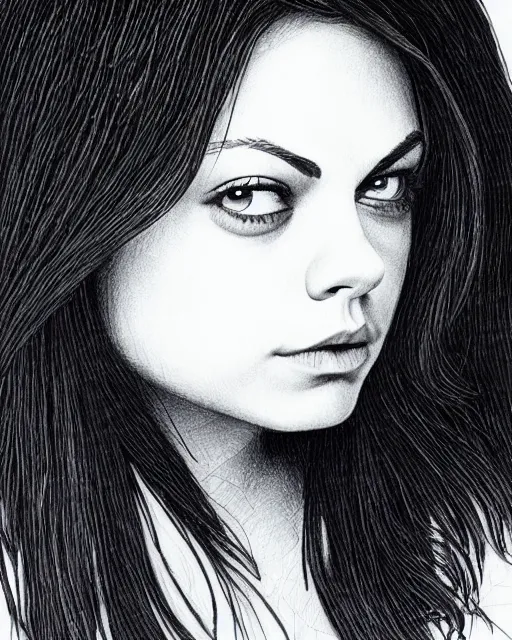 Prompt: mila kunis, black ink on paper, trending on artstation, beautiful, intricate, detailed