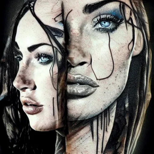 Image similar to realistic tattoo sketch of megan fox face double exposure art with beautiful mountain scenery, in the style of den yakovlev, amazing detail, sharp, faded