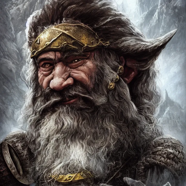 Image similar to dwarf warrior in mountains, lord of the rings style, poster, character portrait, portrait, close up, concept art, intricate details, highly detailed, full body, 8 k