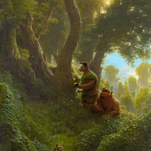 Prompt: shrek shrek shrek a giant big tall tree lush with leaves and branches, and shrek, with a big window up in the canopy, someone is inside the window looking out to the milky way. highly detailed painting by gaston bussiere, greg rutkowski 8 k