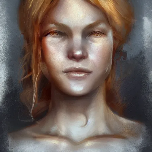 Image similar to portrait of woman with strawberry blond hair by bastien lecouffe - deharme and charles bowater, bangs, ponytail, black tank top