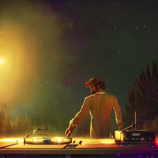 Prompt: A long shot of a man djing at night under the stars, beautiful, digital art, artstation, hyperrealistic, 8k, unreal engine, octane render, trending on artstation, art by Artgerm and Greg Rutkowski and Alphonse Mucha