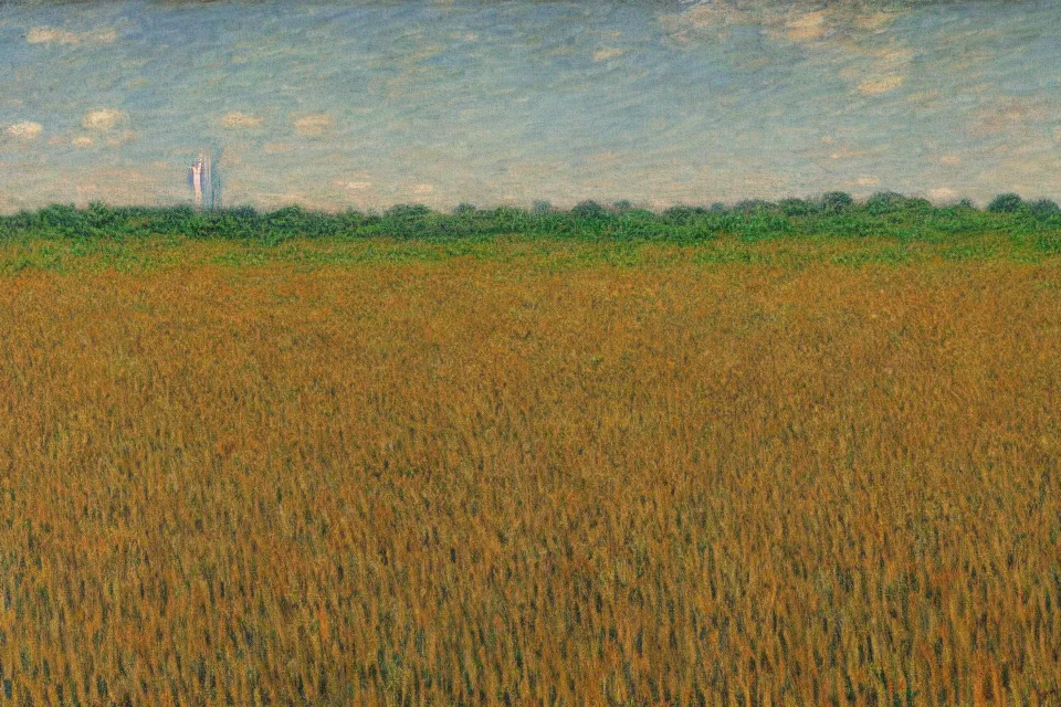 Prompt: sci-fi painting of many skyscraper on the small wheat fields, lonely, alone, only one robot kid on the ground, by Monet, godrays, detailed