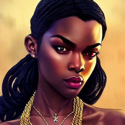 Image similar to beautiful Jaydayoungan the rapper as GTA character, R&B, closeup, D&D, intricate, elegant, highly detailed, digital painting, artstation, concept art, matte, sharp focus, illustration, art by Artgerm and Greg Rutkowski and Alphonse Mucha