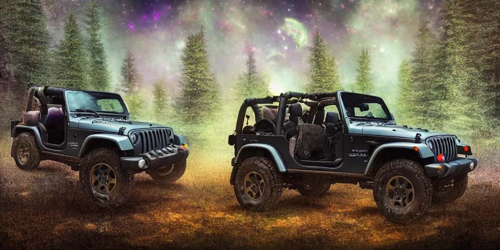 Prompt: a dirty 1997 hardtop Jeep Wrangler off road, digital painting, beautiful iridescent fog swallows the dirty alien planet, planets can be seen in the sky above, in front of an amazing forest, gritty, cinematic, extraordinary colorful landscape, photorealistic, soft vintage glow, smooth