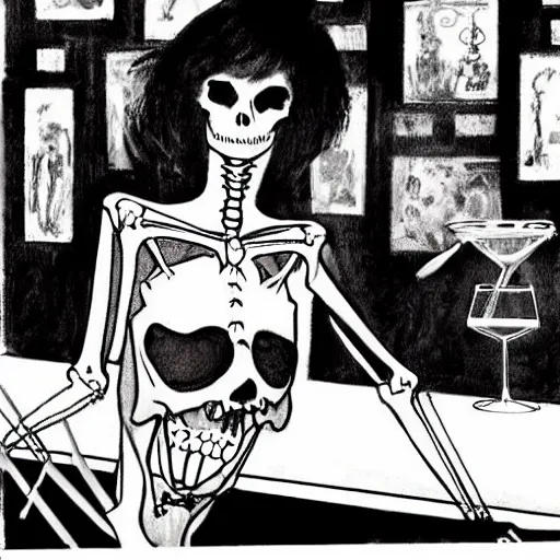 Image similar to a skeleton in a black suit sitting at the bar at the disco club drinking tequila, talking to a beautiful woman in a low cut blouse and a miniskirt, holding a martini, by Basil Gogos and Robert McGinnis