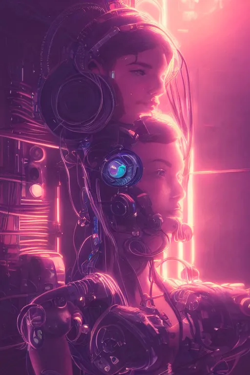 Prompt: Cute cyborg girl , surrounded by cables , illustrated by Greg Rutkowski and Moebius, 35mm lens, beautiful macro close-up imagery, vibrantly lush neon lighting, beautiful volumetric-lighting-style atmosphere, a futuristic atmosphere, intricate, ultra detailed, photorealistic imagery, trending on artstation, 4k, 8k