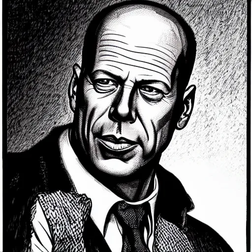 Image similar to a illustration portrait of Bruce Willis drawn by Robert Crumb