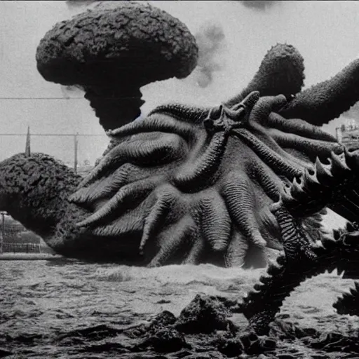 Prompt: a couple escaping from a giant Kaiju Starfish Monster over a traditional Korean village, minimal cinematography by Akira Kurosawa, movie filmstill, film noir, thriller by Kim Jong-il and Shin Sang-ok, kodachrome, cinemascope