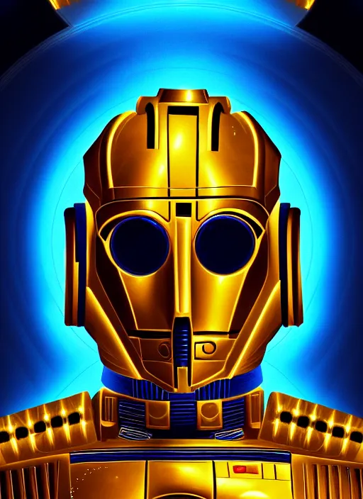 Image similar to symmetry portrait of c 3 p 0, sci - fi, tech wear, blue and yellow glowing lights, intricate, elegant, highly detailed, digital painting, artstation, smooth, sharp focus