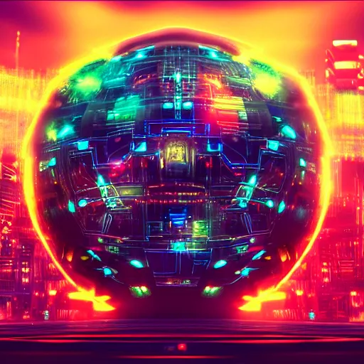 Prompt: the Disco Diffusion robot drawing thousands of images per second inside its digital cyberpunk space orb, photo-realistic digital art featured on ArtStationHQ, hard lighting, lens flare, bokeh