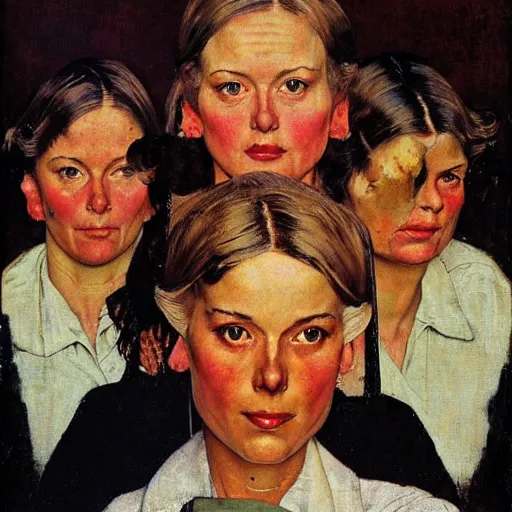 Prompt: Frontal portrait of a gang of semi-sentient women. Painting by Norman Rockwell.