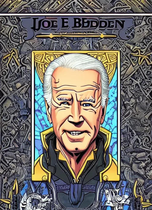 Image similar to joe biden as a kingdom hearts keyblade villain, official square enix tarot card, intricate design, high definition, delicate patterned, fashionable rpg clothing