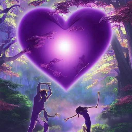 Prompt: Movie poster artwork in purple by Michael Whelan and Yuji Hamada, Rendering of several lovely hearts dancing in a budhist forest, by Makoto Shinkai, Matte painting, trending on artstation and unreal engine