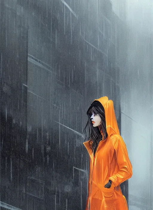 Prompt: a realistic portrait of a beautiful woman wearing a futuristic transparent raincoat with hoodie in a dystopian city, raining, by ilya kuvshinov