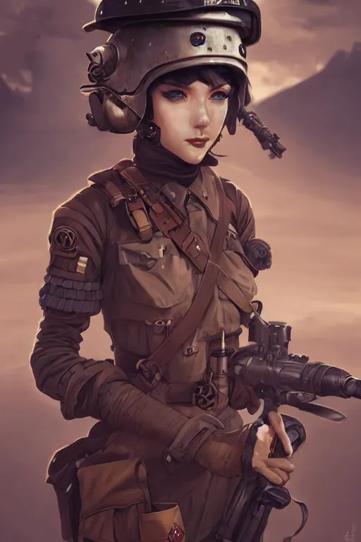 Prompt: dieselpunk soldier girl, helmet, shoulders, chest, portrait, desert, armored, highly detailed, sharp focus, art, illustrations by wlop and ayanamikodon and irakli nadar and loish and rossdraws