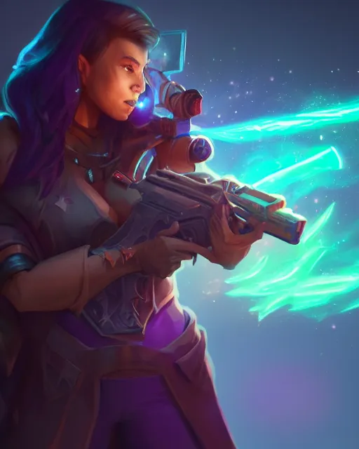 Prompt: A sorcerer wielding two Glock pistols, bust shot, smooth, intricate, elegant, galactic energy, power aura, neon glowing spells, digital painting, artstation, concept art, high tech fantasy, sharp focus, illustration, art by Jason Chan and Riot Studios and Blizzard Studios