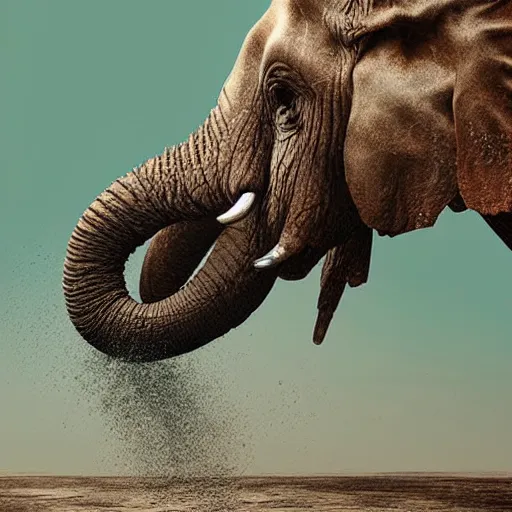 Image similar to an elephant falling apart and crumbling to dust to the air, photorealistic