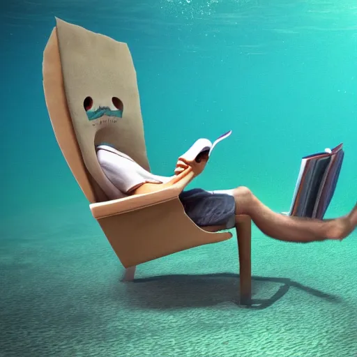 Image similar to a shark sitting in a chair reading a book underwater realistic hdr 8 k 3 5 mm