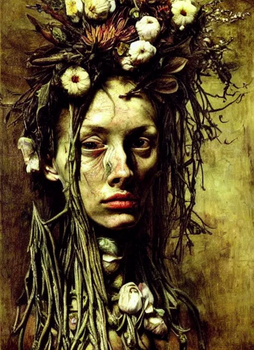 Image similar to beautiful and detailed rotten woman made of plants and many different types of flowers, muscles, intricate, organs, ornate, surreal, john constable, guy denning, gustave courbet, caravaggio, romero ressendi