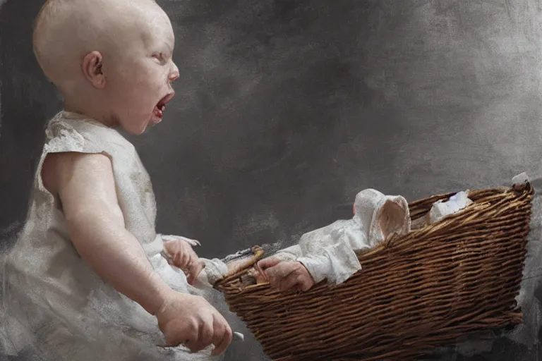 Image similar to epic concept art of a white baby squealing in a basket. by ashley wood and j. m. w. turner, speed painting, photo bash, cinematic angle, super detailing,