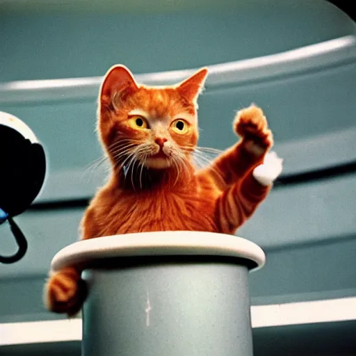 Prompt: 1 9 7 0's color photo of angry ginger cat in spacesuit giving public speech