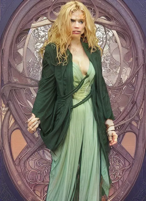 Image similar to a young april with a mischievous face and extremely long blonde wavy hair dressed in a green pale mechanic suit, she is a jedi, intricate detailed face, artgerm, greg rutkowski, alphonse mucha