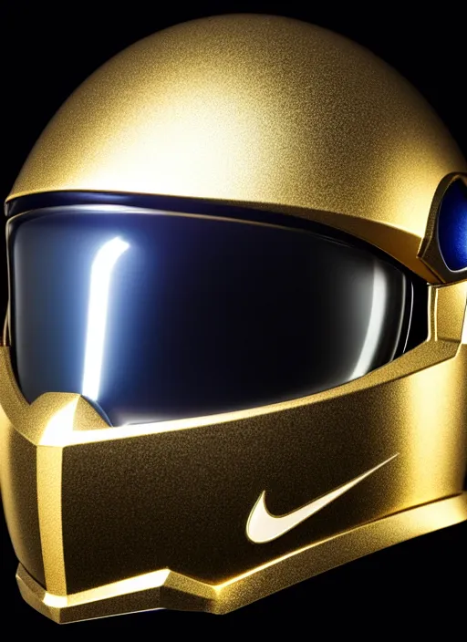 Prompt: ultra realistic product photo of nike branded gundam helmet, highly detailed, deep black background, octane render, vray, shimmering, glossy, Fvckrender, geomerty, prism highlights, C4D, ray tracing reflections, diffraction grading, lumen reflections, golden ratio, hyper realistic, incandescent shadows, rule of thirds