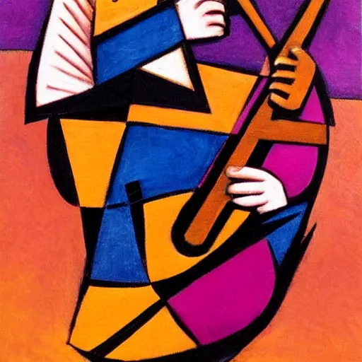 Image similar to beautiful sunset, man playing a saxiphone, cubism, muted colors, texture