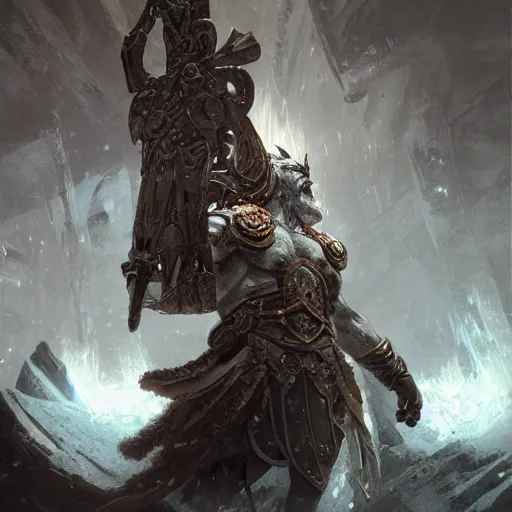 Image similar to Ancient god of Ice Jotnir, D&D, fantasy, intricate, cinematic lighting, highly detailed, digital painting, artstation, concept art, smooth, sharp focus, illustration, art by Akihiko Yoshida, Greg Rutkowski and Alphonse Mucha