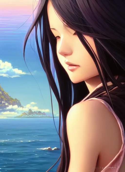 Image similar to a beautiful girl with long black hair in, island background, intricate, highly detailed, digital painting, artstation, official media, anime key visual, concept art, rich vivid colors, ambient lighting, sharp focus, illustration, art by Artgerm, Makoto Shinkai, Ilya Kuvshinov, Lois Van Baarle, and Rossdraws