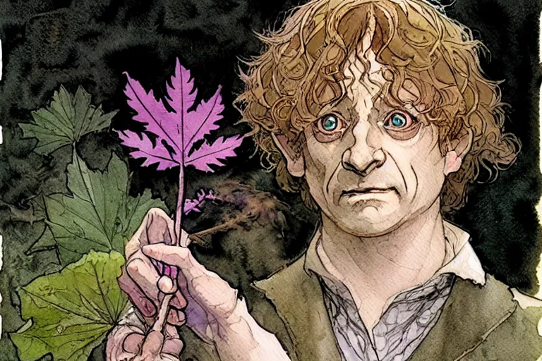 Image similar to a realistic and atmospheric watercolour fantasy character concept art portrait of bilbo baggins with pink eyes freaking out with a pot leaf nearby, by rebecca guay, michael kaluta, charles vess and jean moebius giraud