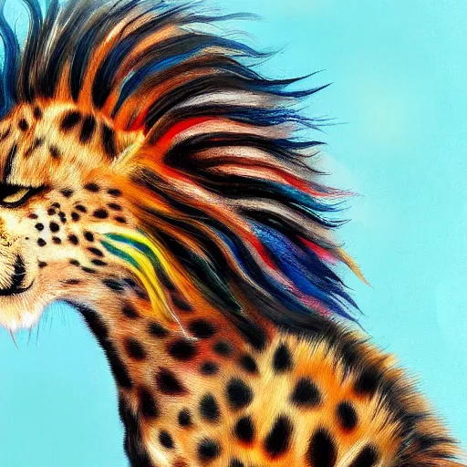 Image similar to cute fluffy cheetah cat mixed creature with long colorful flowing lion mane with mohawk hairstyle hybrid animal detailed painting 4 k