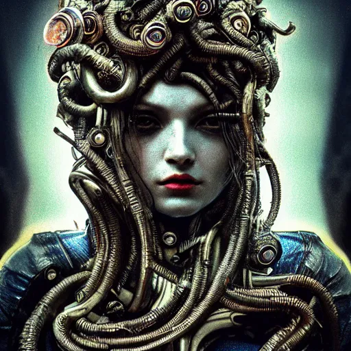 Prompt: Cyberpunk medusa, dark atmosphere, cinematic shot, intricate, ornate, photorealistic, ultra detailed, realistic, 35mm, photography, neon, octane, high definition, depth of field, bokeh, 8k, artstation, ((alphonse mucha)), ((hr giger))