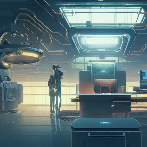 Image similar to the main office of the time saving bank, cyber punk, retro machinery, futuristic hi-tech details, art by anthony macbain + greg rutkowski + jean giraud, concept art, 4k, sharp focus, cinematic render unreal engine