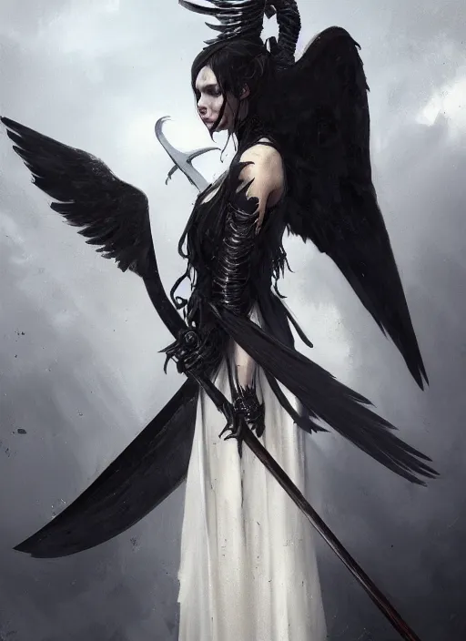 Image similar to a portrait of a beautiful angel of death with black wings holding a large scythe by marco bucci and greg rutkowski, sharp focus, very detailed, cinematic, closeup, trending on artstation, 4 k