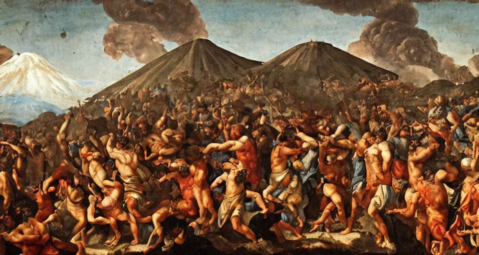 Prompt: mosh pit at music festival in pompeii while mount vesuvius is erupting, fresco, michaelangelo