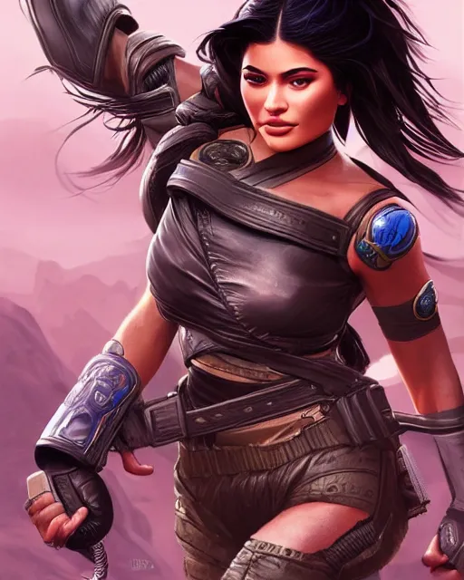 Prompt: Fighter Kylie Jenner as an Apex Legends character digital illustration portrait design by, Mark Brooks and Brad Kunkle detailed, gorgeous lighting, wide angle action dynamic portrait