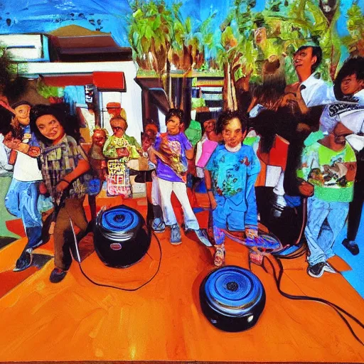 Prompt: kids with $60 subwoofers trying to play it cool in long beach, realistic painting by unknown outsider artists