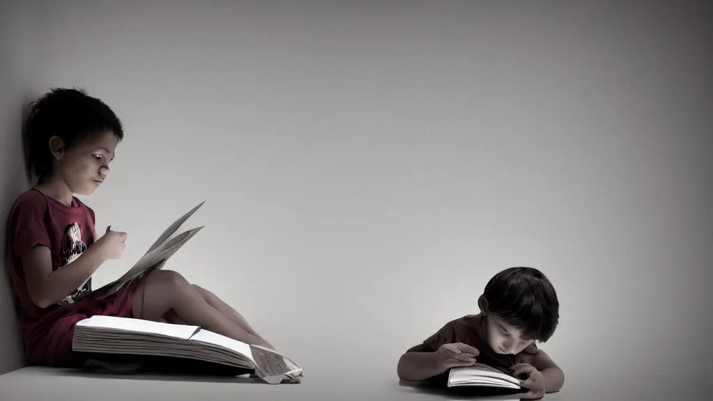 Prompt: a child reading a scary book. Chiaroscuro lighting.