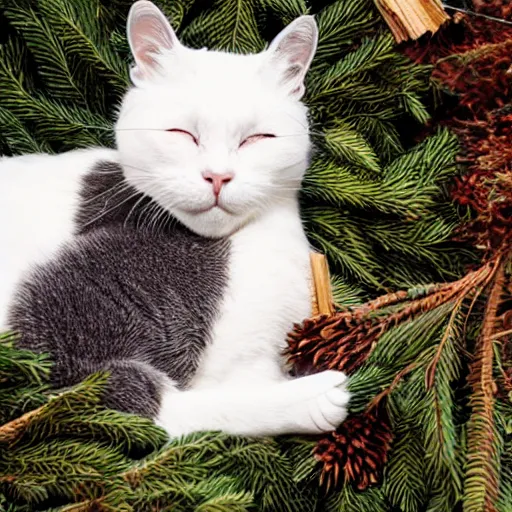 Prompt: a superhero white cat sleeping on bed of pine needles, anime