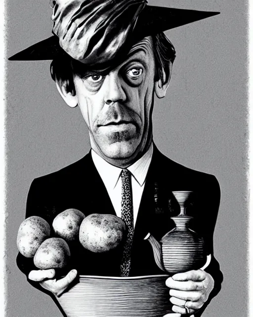 Image similar to hugh laurie with potatoes instead of eyes, wearing a tea pot as a hat, surrealist painting, highly detailed